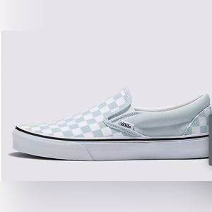 Blue and white checkered low vans